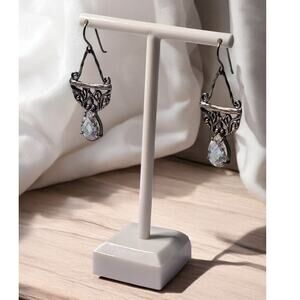 Opulenza Designs Crystal Filigree Drop Dangle 925 Silver Vintage Earrings